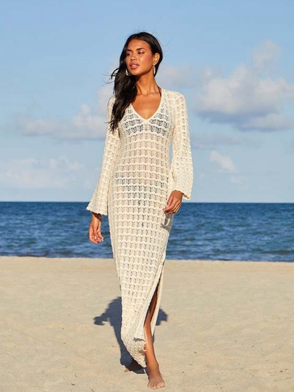 Lulus Sunshine Style Beige Crochet Maxi Swim Cover-Up Long Sleeve Pointelle Boho